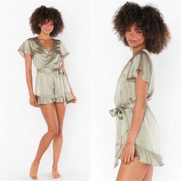 Show Me Your Mumu Say I Do Romper Satin Wrap Ruffle Moss Green Small NWT Bridal - Picture 1 of 13